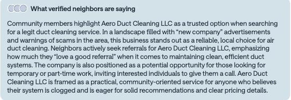 Nextdoor summary of what verified neighbours say about Aero Duct Cleaning LLC